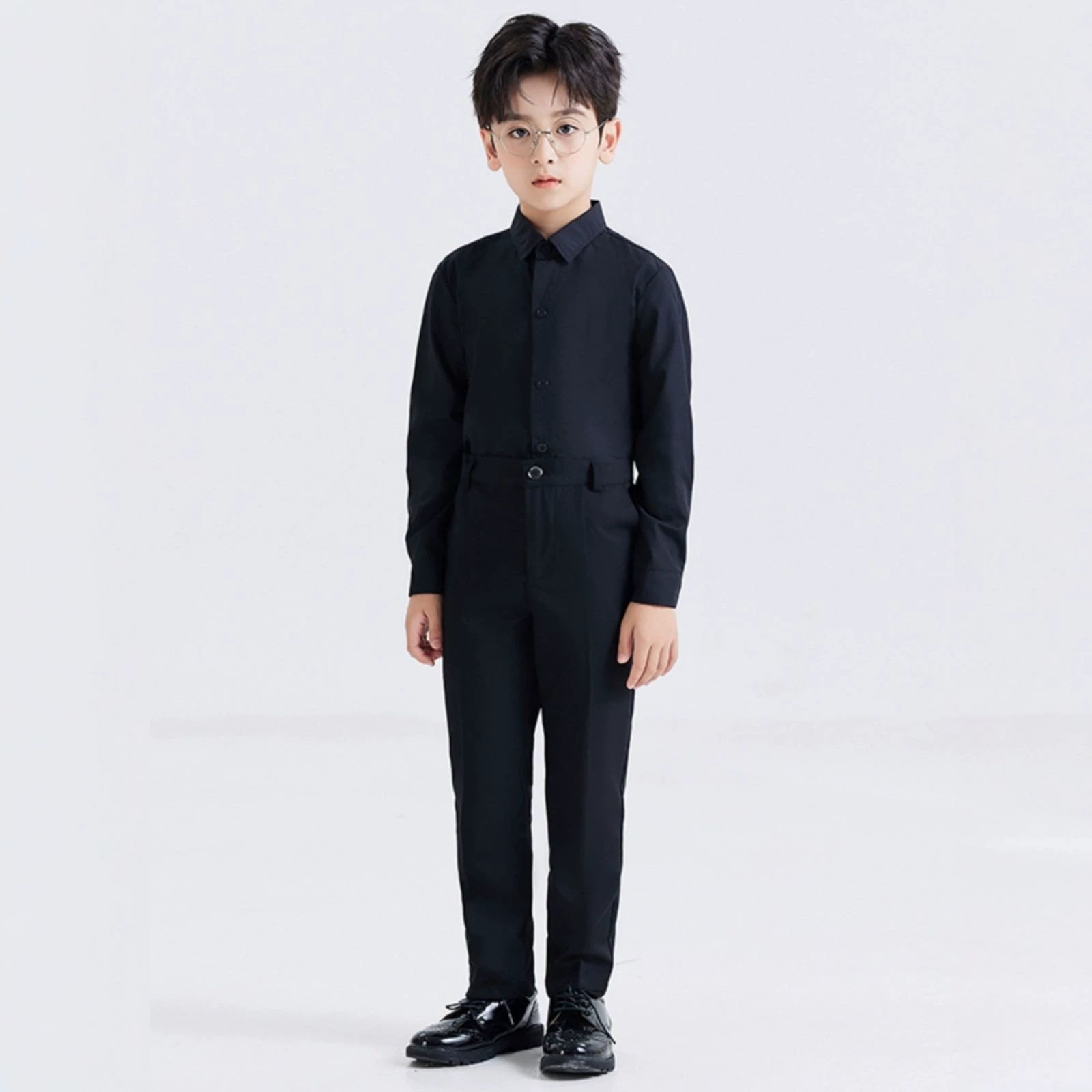 儿童长袖黑衬衫男童白衬衣合唱黑西裤小学生钢琴表演西装衬衫套装