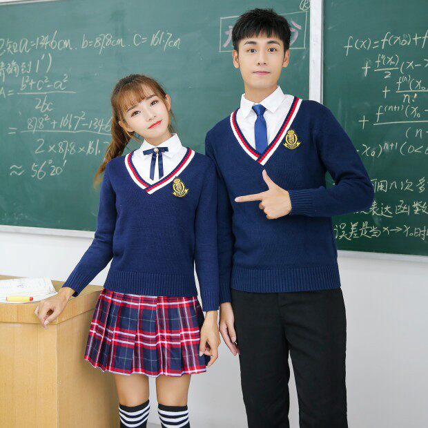 英伦学院风jk制服学生 针织衫校服 暗红格裙班服毛衣黑长裤套装