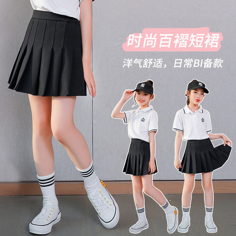 女童裙夏装3-8岁女宝宝儿童百褶裙学院风夏黑色短裙中大童半身裙