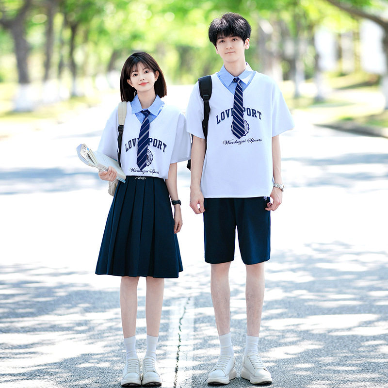 英伦学院风短袖T恤夏季班服初中学生运动会合唱朗诵演出校服套装
