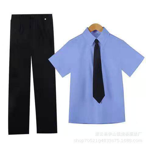 男女学生蓝衬衫黑西裤红诗词歌咏朗诵比赛爱国大合唱团表演服套装