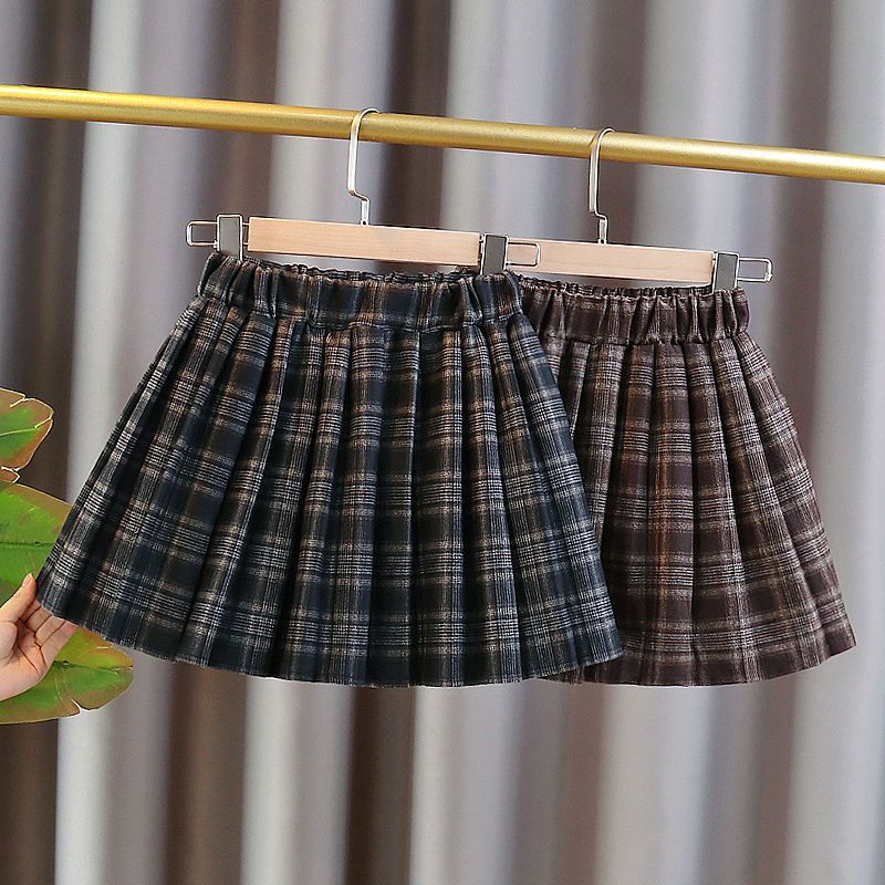 女童半身裙秋冬裙呢子百褶裙春秋新款洋气格子中大童公主裙短裙子