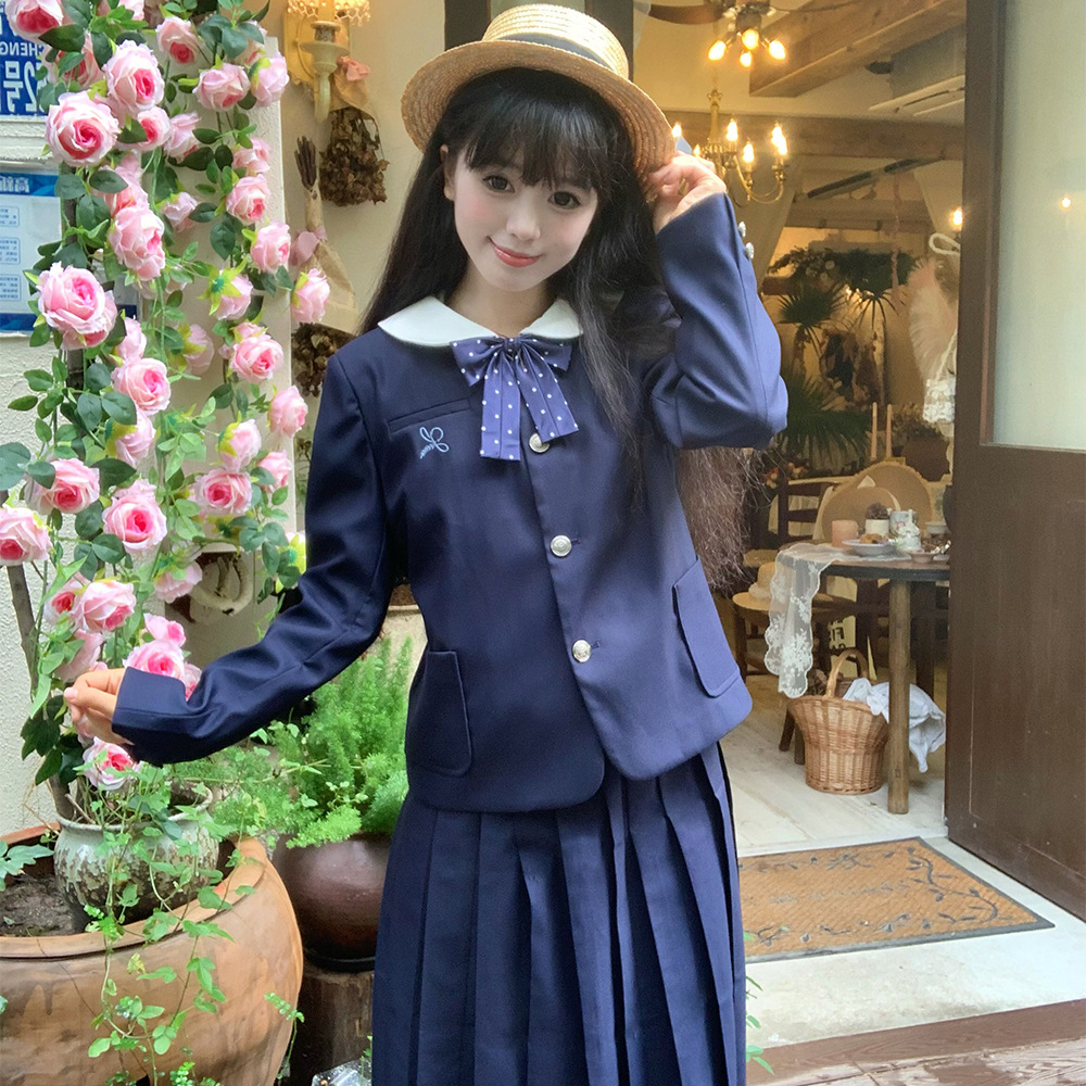 原创jk制服学院风圆领蓝西装春秋女生校园风浓绀外套藏蓝短裙套装