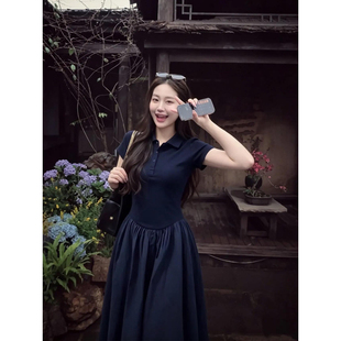 2026新款巨好看蓝色polo连衣裙子女夏季绝美独特漂亮收腰显瘦长裙