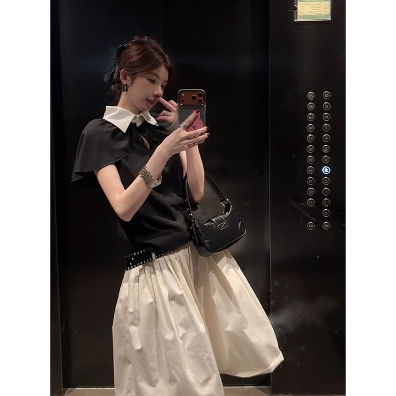 设计感撞色斗篷袖翻领上衣女夏季新款不规则半身裙套装