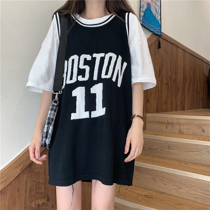 夏韩版bf风学生背心T恤女运动篮球服中长款宽松欧货印花无袖上衣