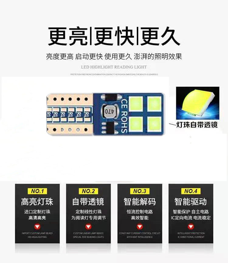 자동차 T10 플러그인 전구 슈퍼 밝은 LED 렌즈 폭 표시 등 독서 등 번호판 빛 12V|24V 범용 작은 빛 W5W
