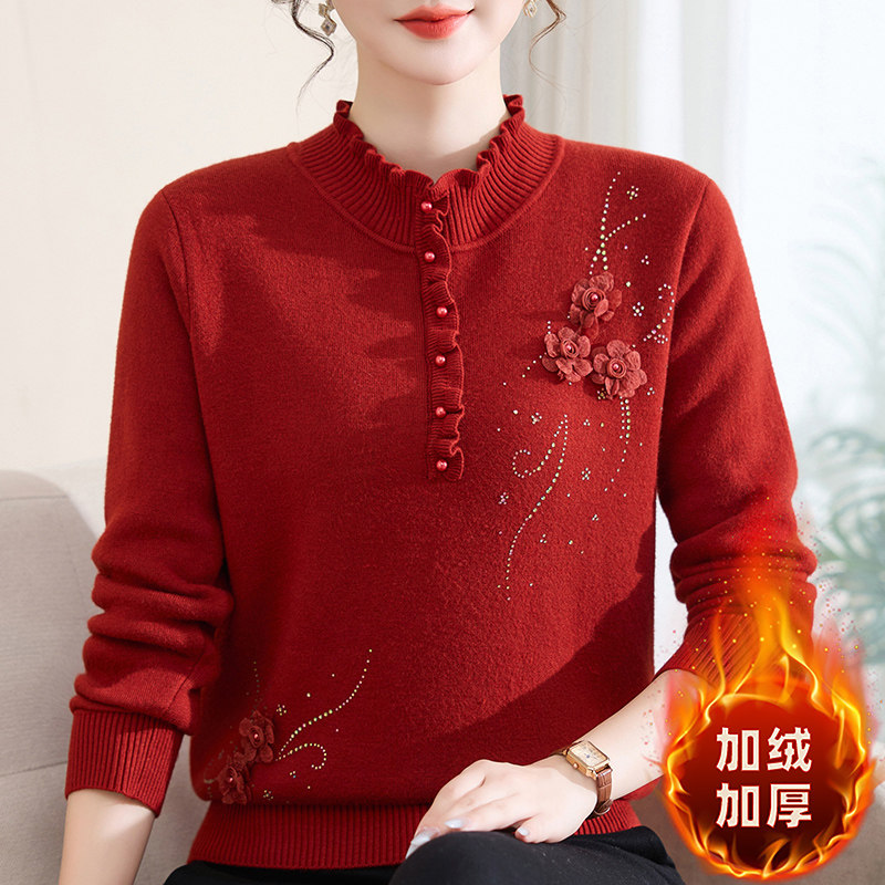 妈妈装毛衣冬季加绒木耳领加厚一中老年女装