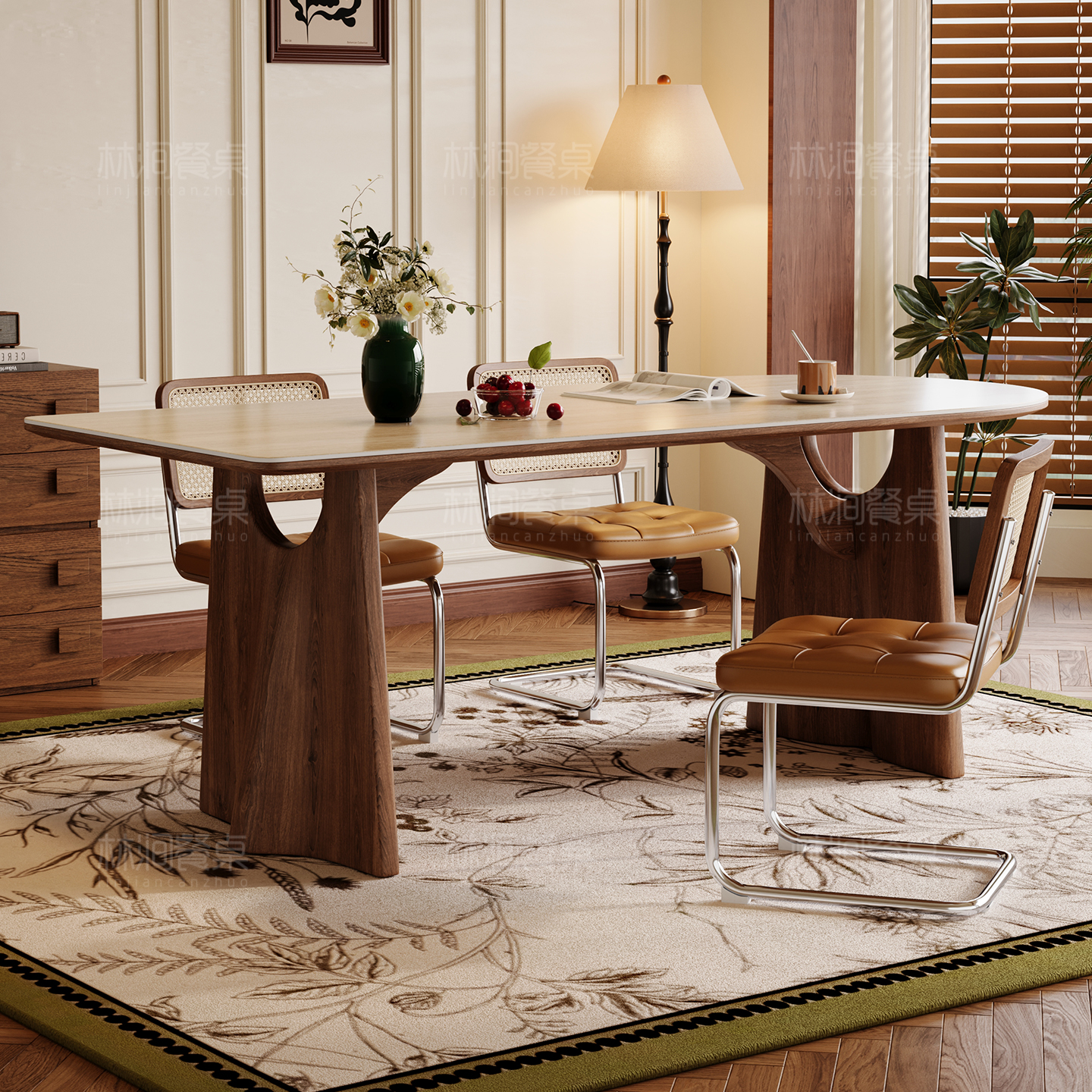 中古风美式洞石岩板餐桌椅半圆岛台家用小户型2025新款长方形桌