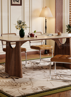 中古风美式洞石岩板餐桌椅半圆岛台家用小户型2025新款长方形桌