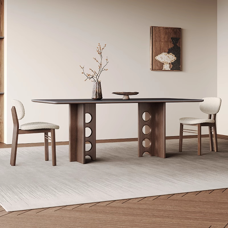 实木岩板餐桌纯黑全托小户型餐厅设计师新款中古侘寂风实木餐桌