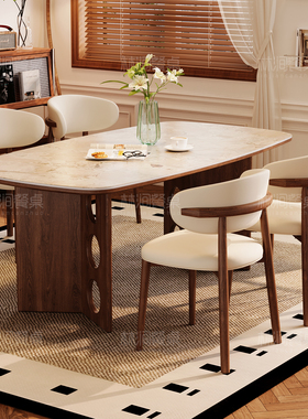 中古风实木餐桌2025新款洞石长方形家庭家用小户型餐厅高级感美式