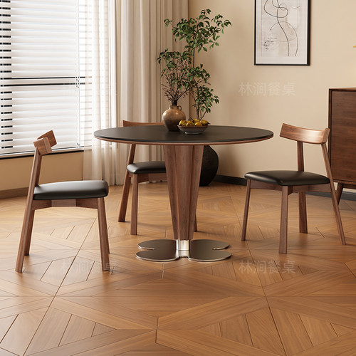 实木圆桌1米2黑色中古风岩板餐桌