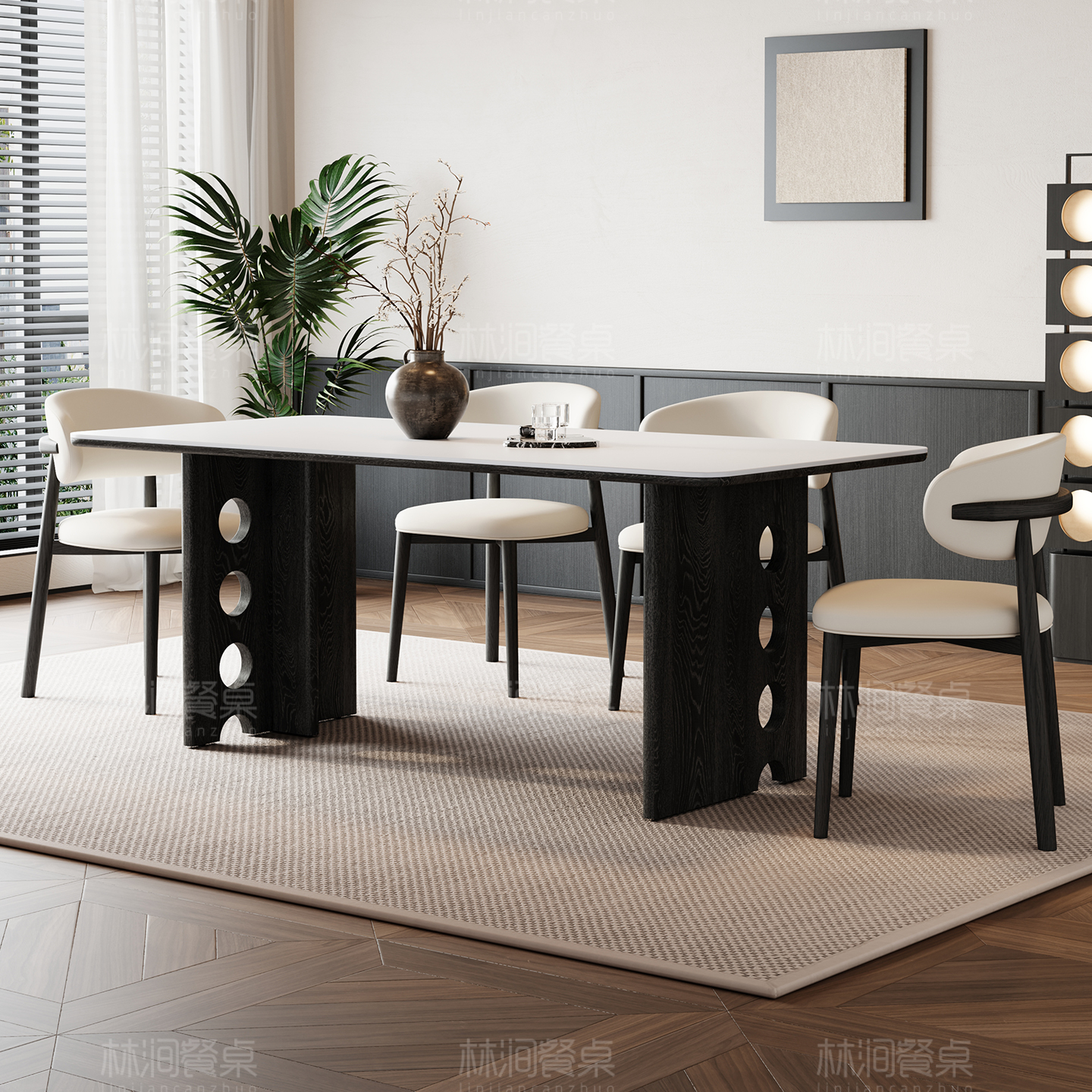 意式极简纯白哑光岩板餐桌