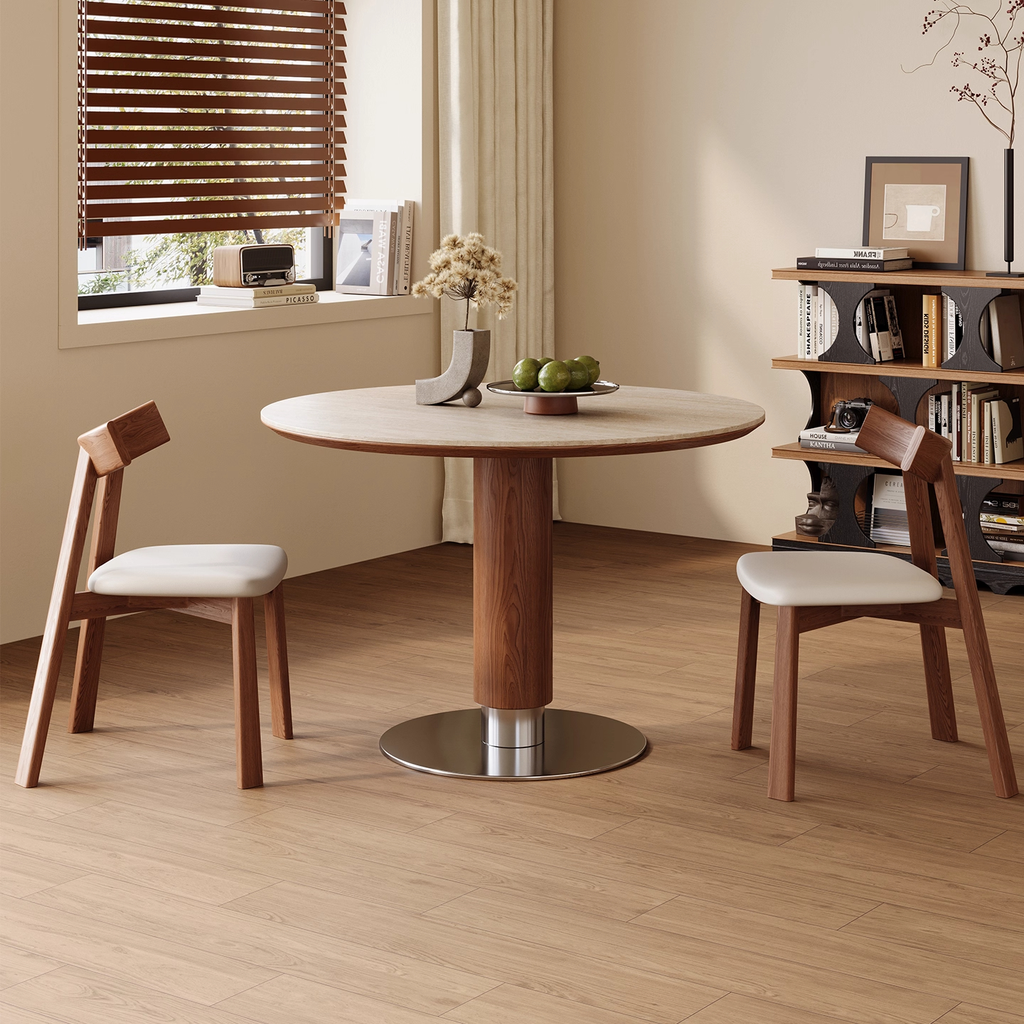 中古风洞石岩板圆桌复古圆形餐桌