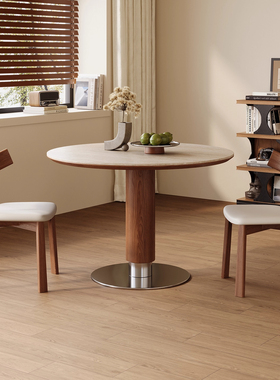 中古风洞石岩板圆桌复古圆形餐桌家用小户型北欧包豪斯实木吃饭桌