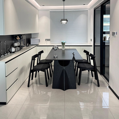 黑色岩板餐桌复古风现代简约家用