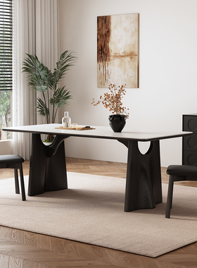 意式极简实木岩板餐桌小户型家用长方形现代简约法式侘寂风餐桌椅