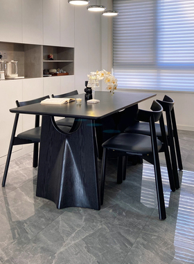 黑色飞鸦岩板餐桌法式复古黑色实木餐桌椅组合家用中古风吃饭桌子