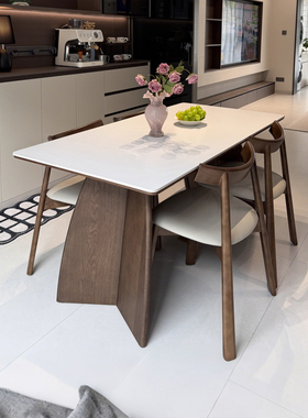 岩板餐桌家用2025新款现代简约长方形法式复古玛奇朵纯白实木餐桌