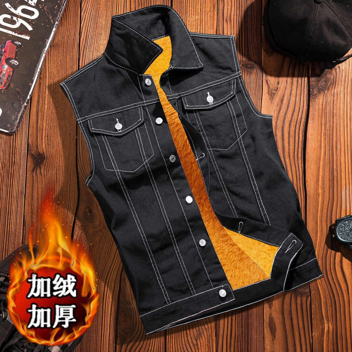 加绒加厚牛仔马甲外套