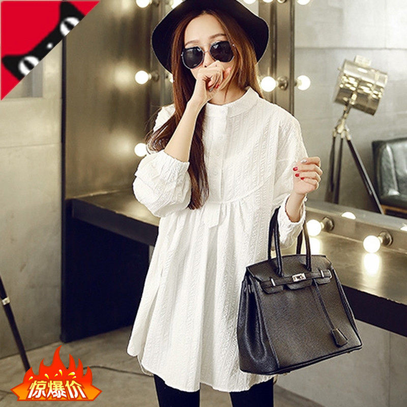 출산 셔츠 2023 가을 새로운 한국 스타일 느슨한 중간 길이 긴팔 BABYDOLL 탑 화이트 드레스 여성을위한