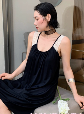 法式轻奢拼接蕾丝吊带裙女带胸垫纯欲性感睡衣丝滑中长款连衣睡裙