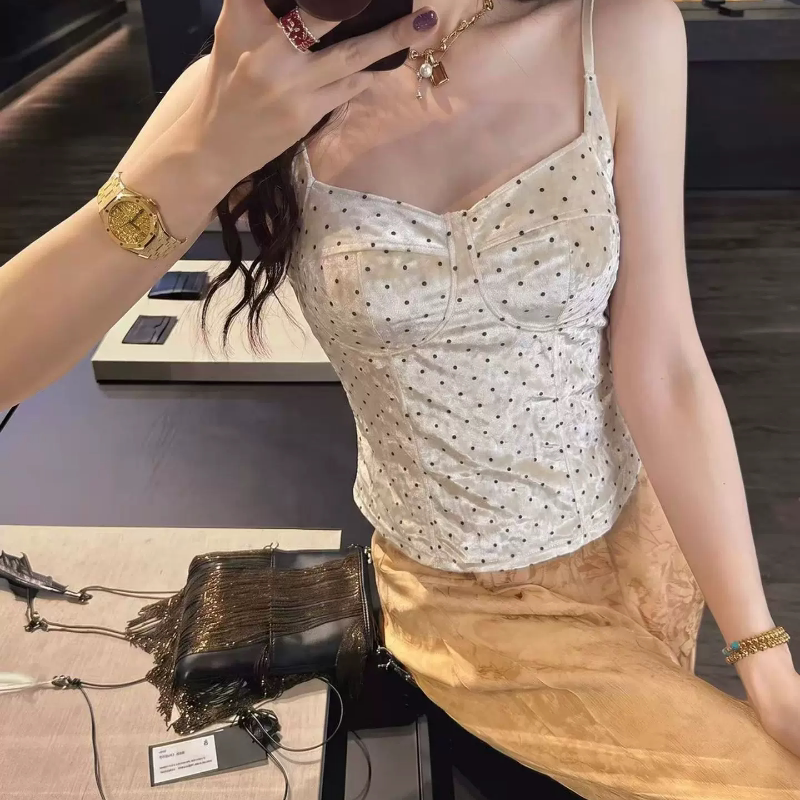 米娅林法式高级感波点丝绒吊带背心女内搭外穿带胸垫美背辣妹上衣