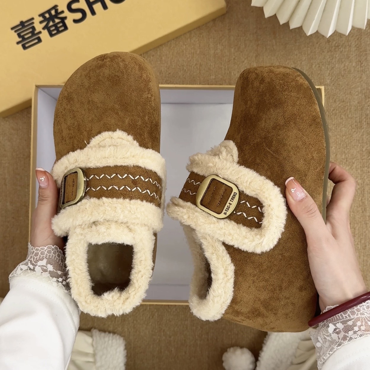 喜番SHOP加绒勃肯鞋包头包跟冬季加厚保暖女士毛茸茸雪地靴子棉鞋