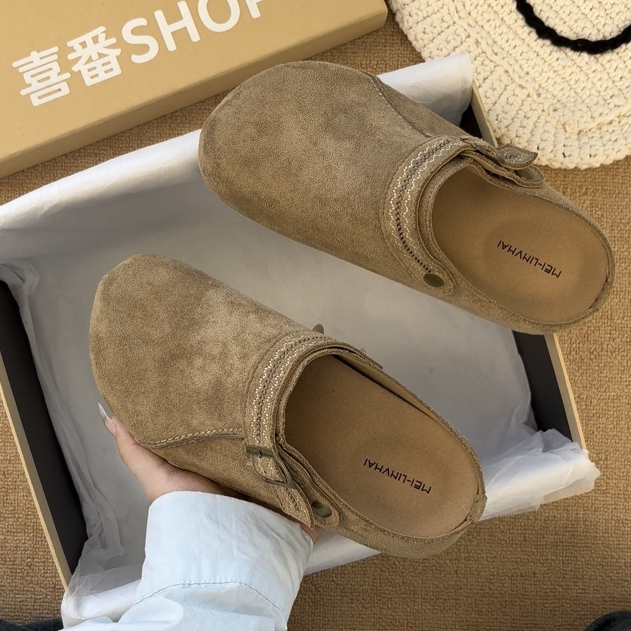 喜番SHOP厚底增高勃肯鞋包头半拖鞋女外穿2025新款秋季复古博肯拖