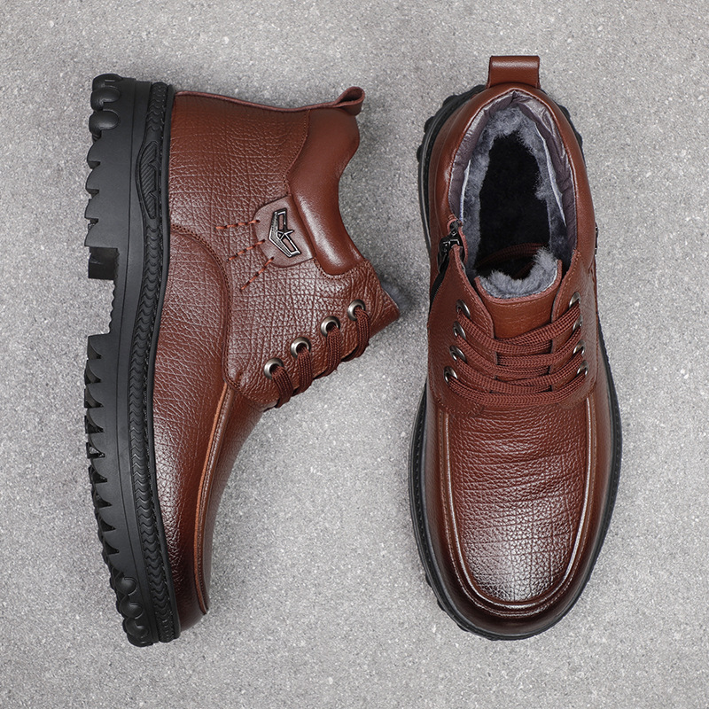 品质冬季男皮鞋真牛皮羊毛内里男士加绒保暖棉鞋中老年人防滑棉靴