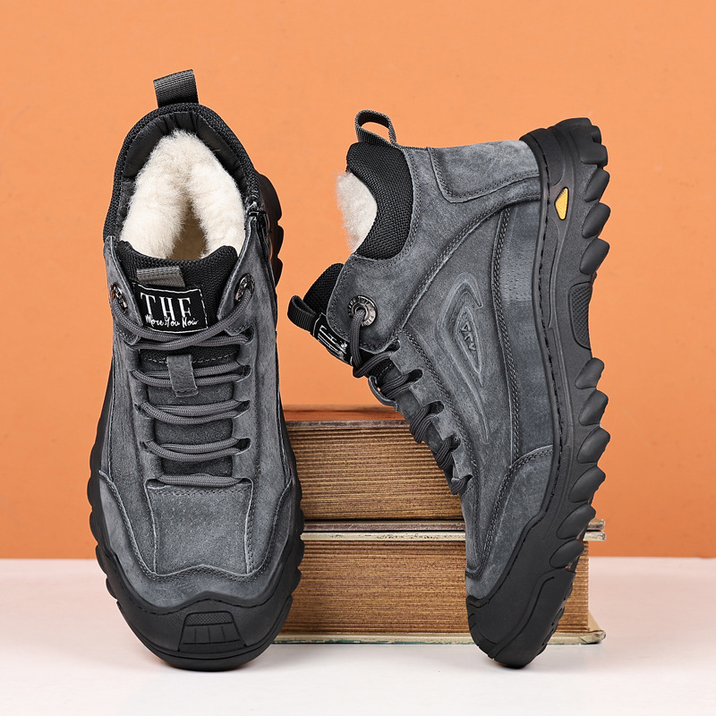 2025冬季男士真皮羊毛绒内里防滑运动棉鞋厚底休闲户外高帮棉皮鞋