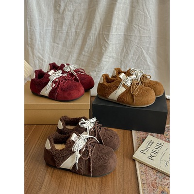 女王范复古厚底内增高毛毛棉鞋女冬2025新款加绒加厚保暖德训鞋