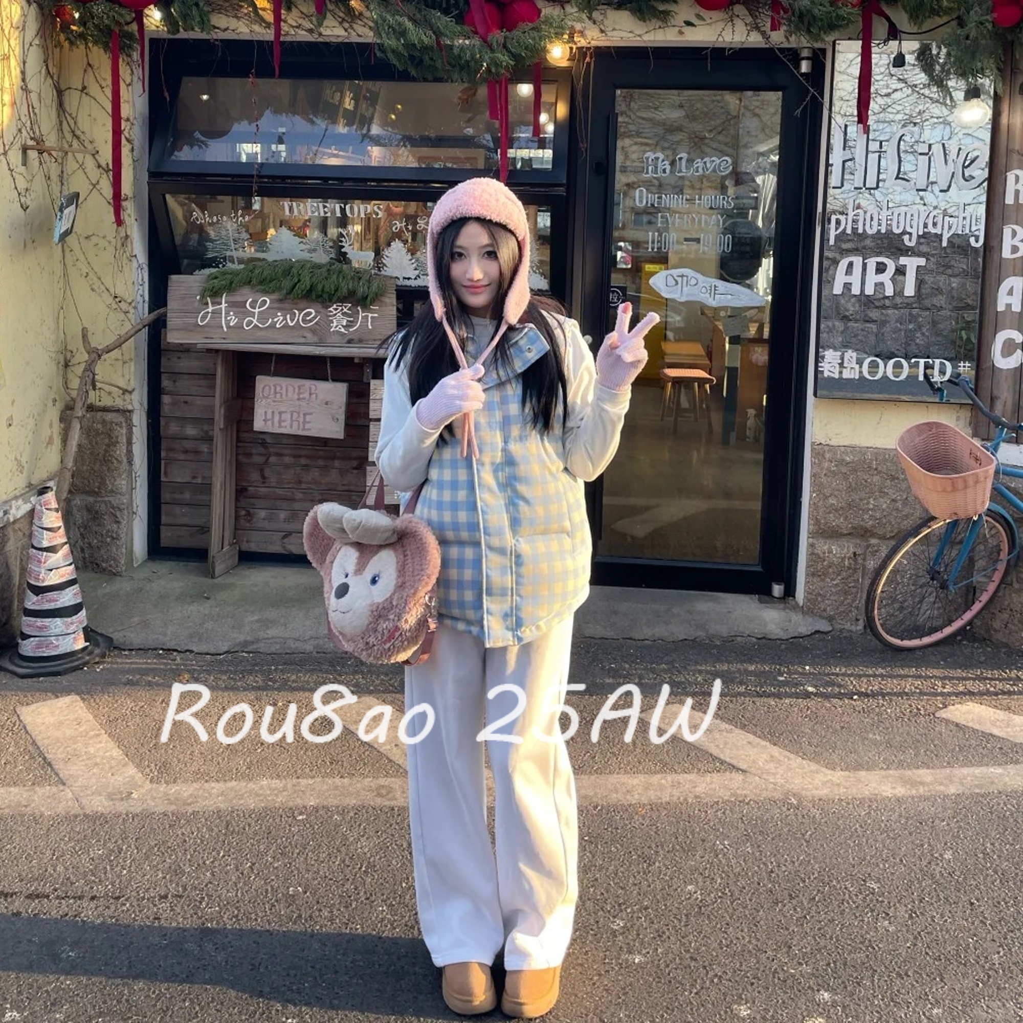 大码女装清新格纹棉衣马甲外套