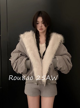 Rou8ao微胖大码女装高级感麂皮绒两面穿环保皮草连帽加厚棉服外套