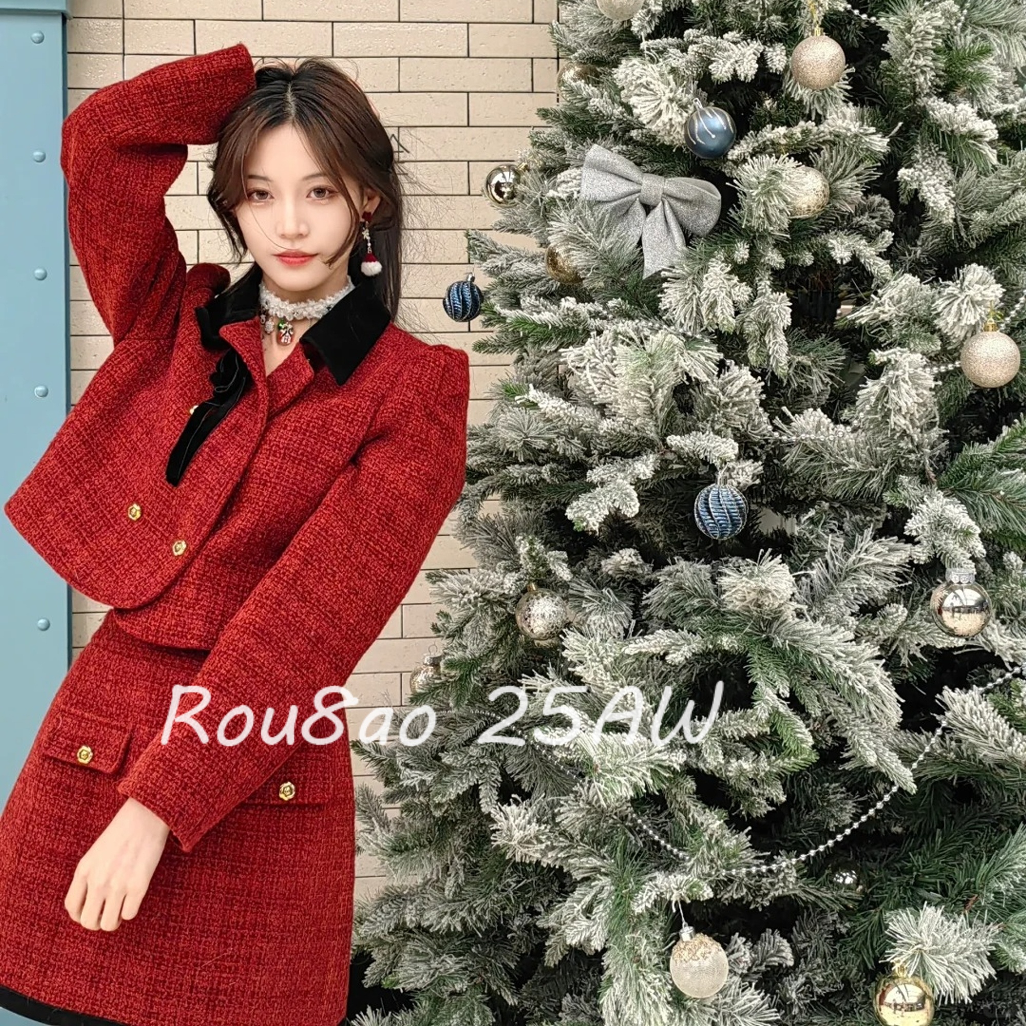 微胖大码女装法式红色小香风套装