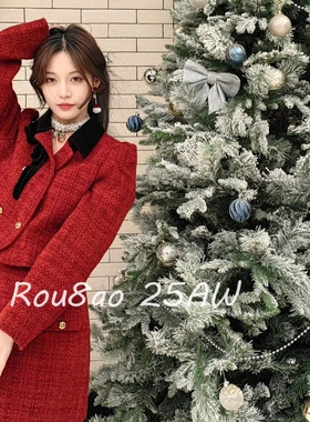 Rou8ao微胖大码女装法式红色小香风套装名媛轻奢蝴蝶结短裙两件套