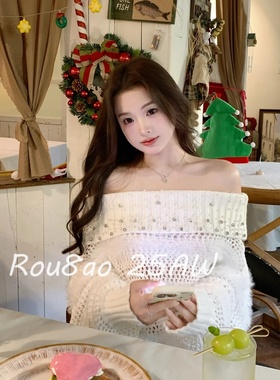 Rou8ao微胖大码女装纯欲风一字肩白色镶钻镂空毛衣秋冬气质上衣