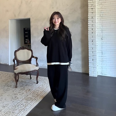 大码女装胖mm2025早秋新款韩版宽松巨显瘦针织衫+阔腿裤两件套