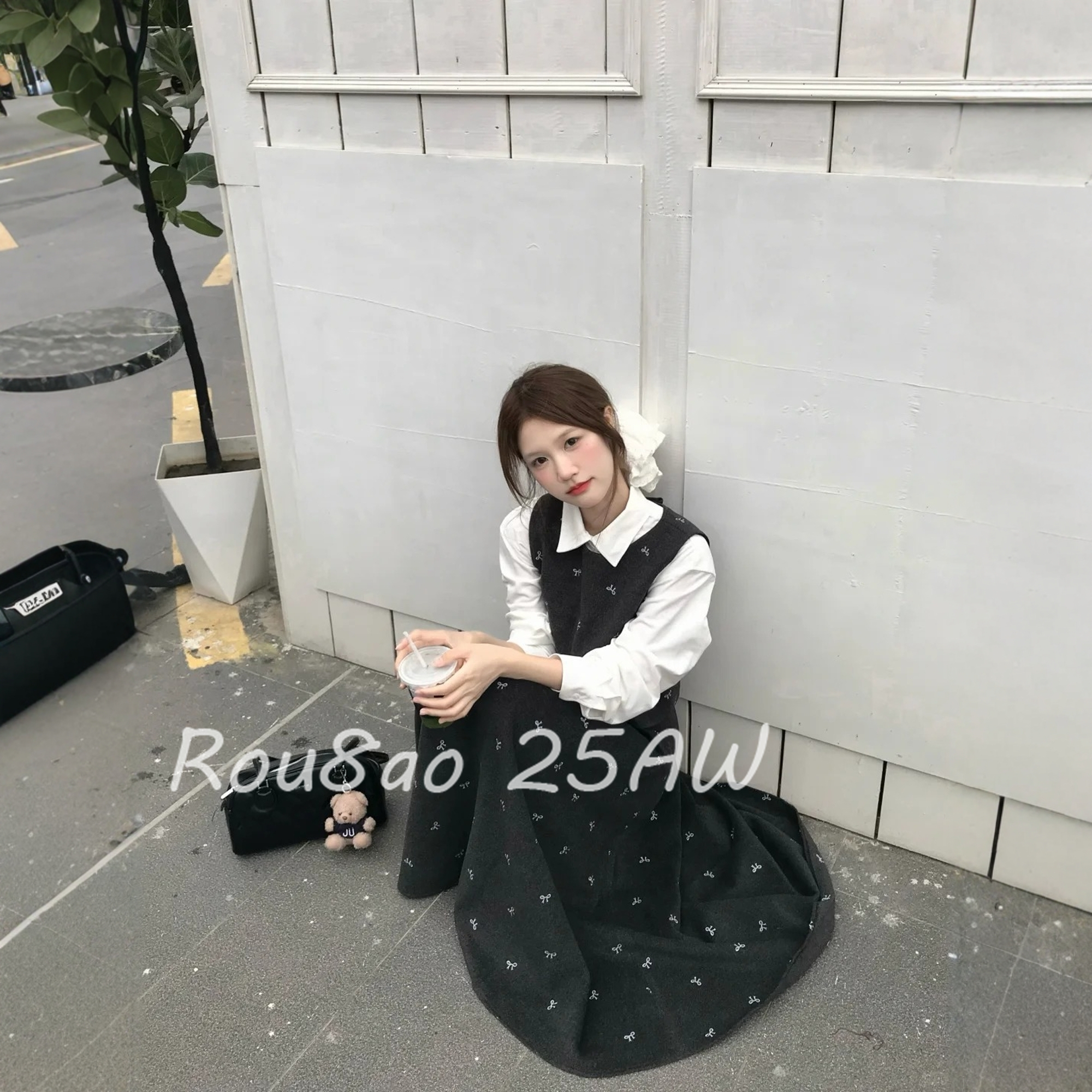 大码学院风衬衫马甲半身裙三件套