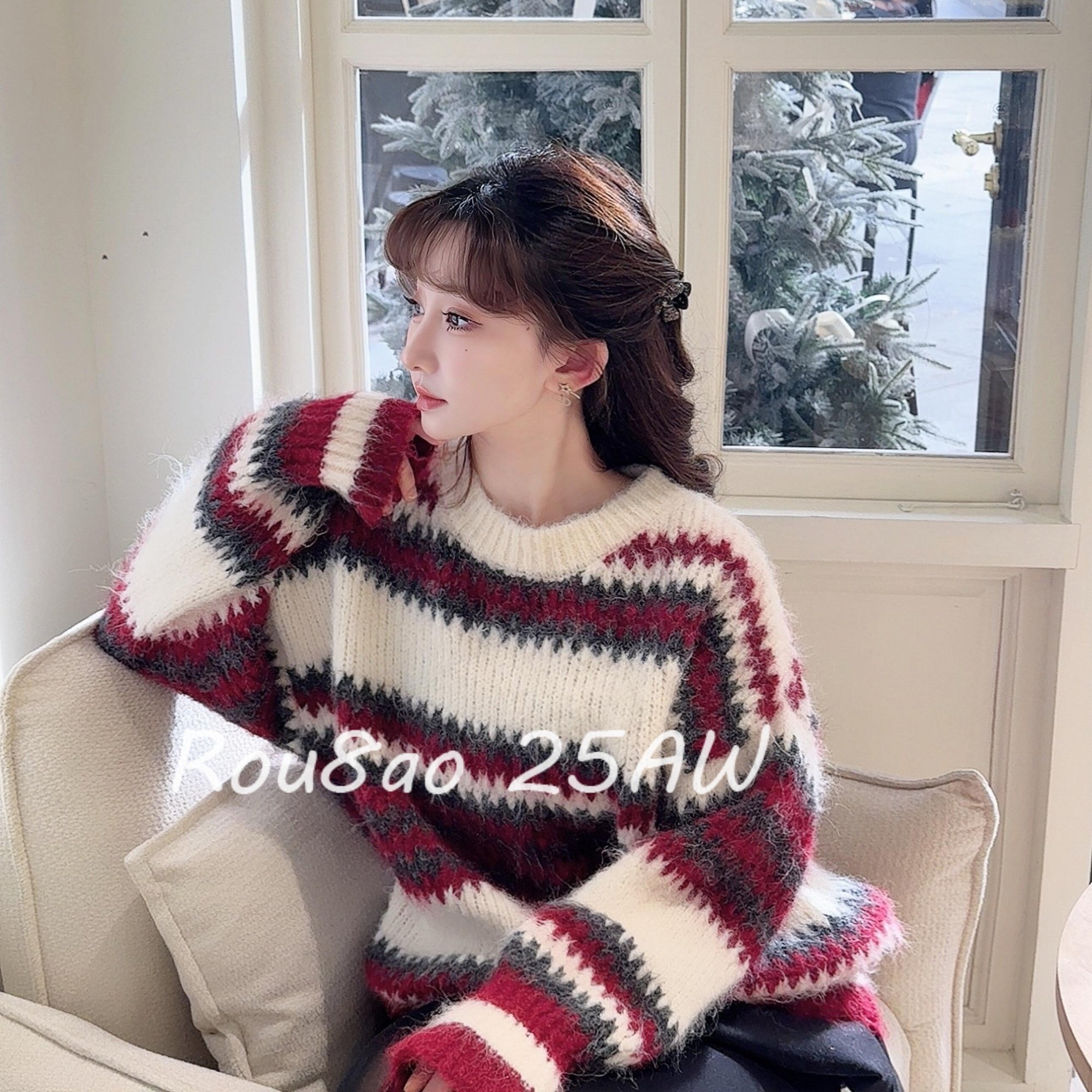 Rou8ao微胖大码女装条纹针织毛衣微胖mm宽松显瘦松弛风正肩上衣,女装/女士精品,大码内搭,淘宝优惠券,粉丝福利购,淘宝优惠卷