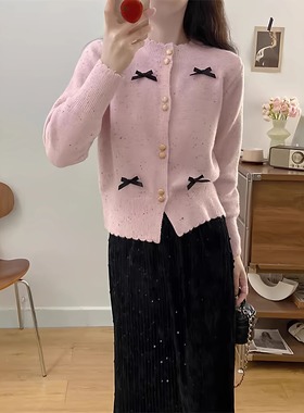 大码微胖MM女装秋季韩系减龄蝴蝶结针织开衫+黑色亮片半身裙套装