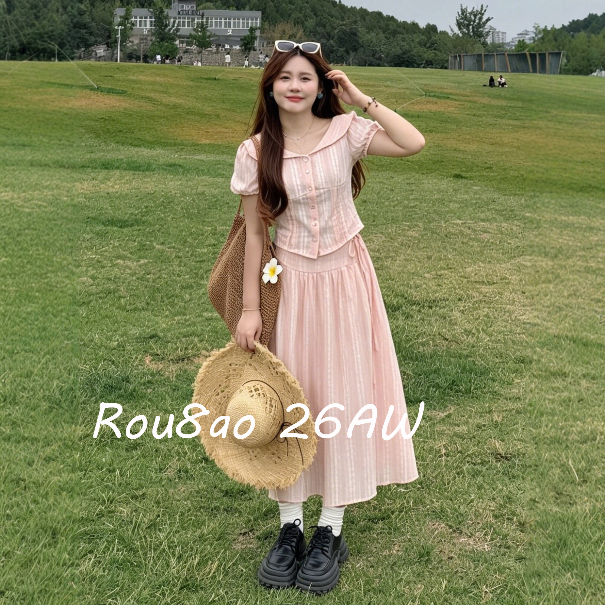 Rou8ao微胖大码甜美风娃娃领上衣+半身裙2026夏季时尚两件套套裙