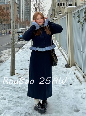 Rou8ao微胖大码女装韩系学院风假两件蝴蝶结长袖毛衣+半身裙套装