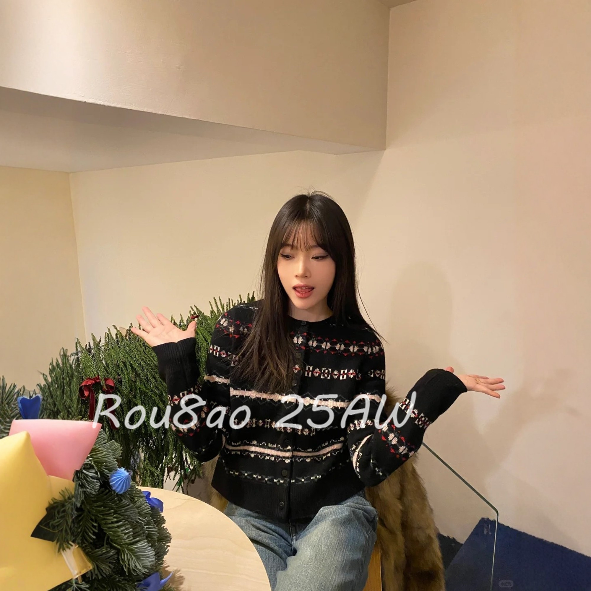 Rou8ao微胖大码女装费尔岛风提花针织开衫女显瘦毛衣外套春季上衣,女装/女士精品,大码内搭,淘宝优惠券,粉丝福利购,淘宝优惠卷