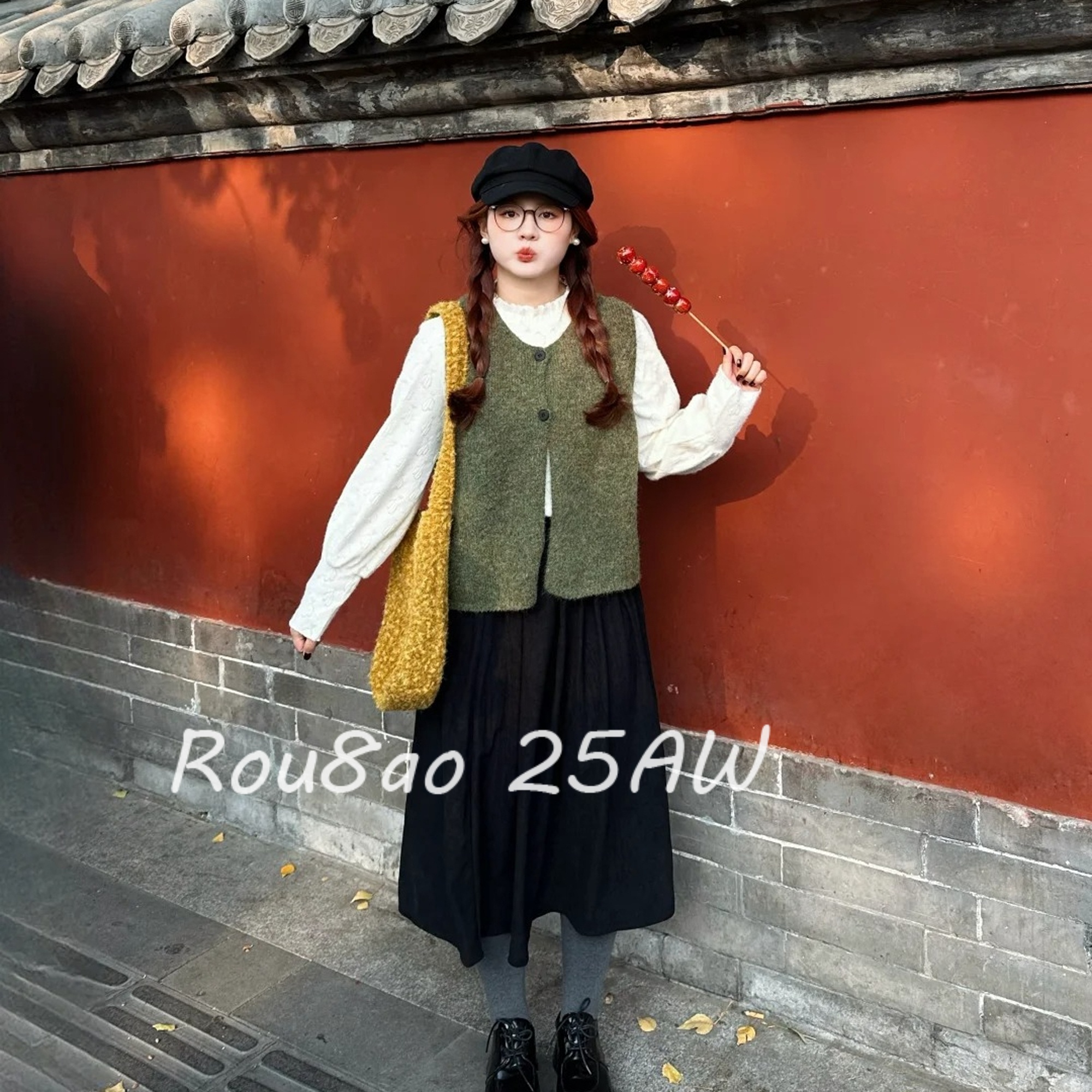 Rou8ao微胖大码女装胖MM显瘦穿搭秋冬马甲打底衫半身裙减龄三件套