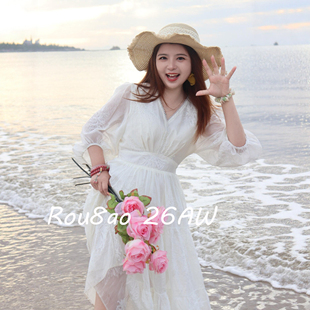 Rou8ao微胖大码 法式 气质仙女连衣裙微胖mm收腰显瘦灯笼袖 长裙 女装