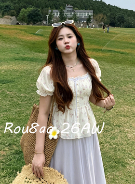 Rou8ao微胖大码甜美风泡泡袖方领上衣+半身裙2026夏季两件套套裙