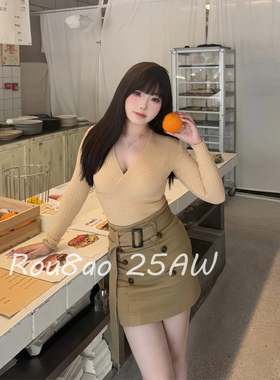 Rou8ao微胖大码女装辣妹风V领针织衫高腰A字裙两件套收腰显瘦套装