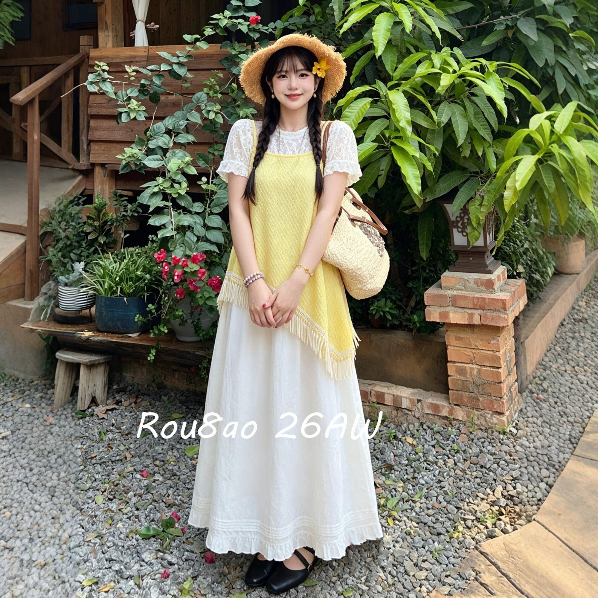 Rou8ao微胖大码女装不规则流苏背心+蕾丝T恤+半身裙夏上新三件套